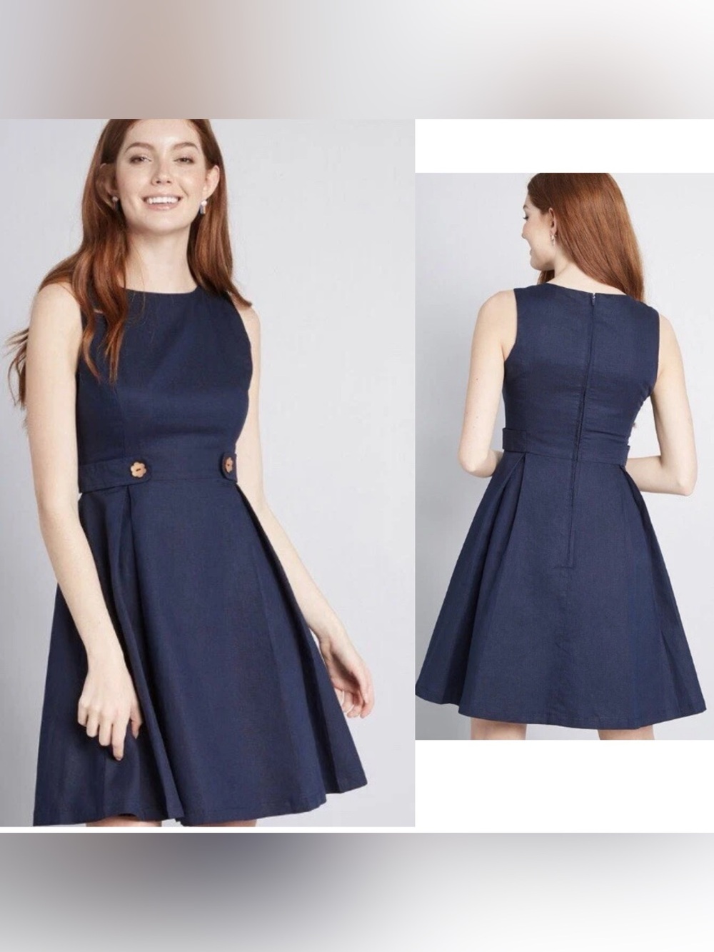 ModCloth Something Sixties Linen Cotton Dress Navy Blue Wood Buttons Size 20 NEW